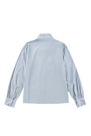 Sky Blue Stripe Frilled Trim Button Up Long Sleeve Shirt