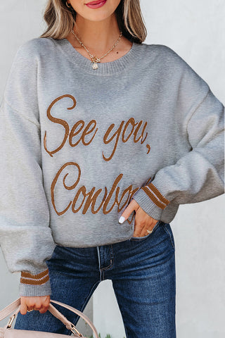 Coffee See You Cowboy Embroidered Western Graphic Sweater