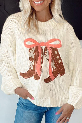 White Embroidered Bow Boots Graphic Drop Shoulder Sweater