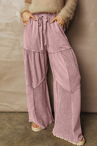 Straw Yellow Mineral Wash Tiered Wide Leg Patchwork Drawstring Pants