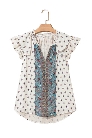 White Boho Pattern Tiered Ruffled Sleeve V Neck Buttoned Blouse