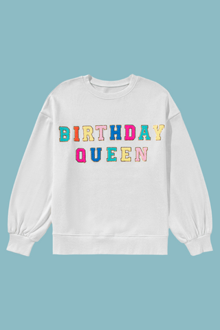 White BIRTHDAY QUEEN Graphic Balloon Sleeve Sweatshirt