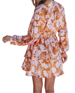 Brown Floral Puff Sleeve Smocked Waist Layered Dress