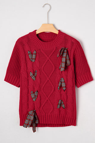 Black Plaid Lace-up Detail Christmas Holiday Puff Short Sleeve Sweater