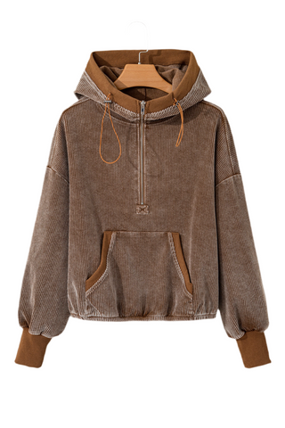 Chestnut Half Zipper Kangaroo Pocket Drawstring Corduroy Hoodie