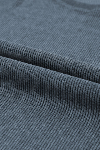 Blue Solid Ribbed Knit Round Neck Pullover Sweatshirt