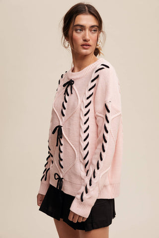 Sheer Trend - Ribbon Laced Cable Knit Sweater