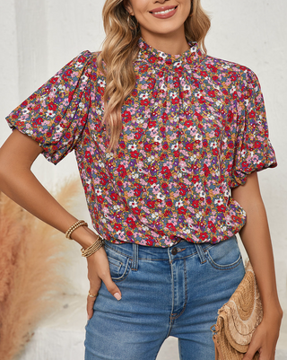 Purple Boho Floral Print Mock Neck Puff Sleeve Blouse
