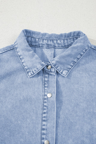 Beau Blue Double Ruffled Sleeves Buttoned A-line Collared Mini Denim Dress