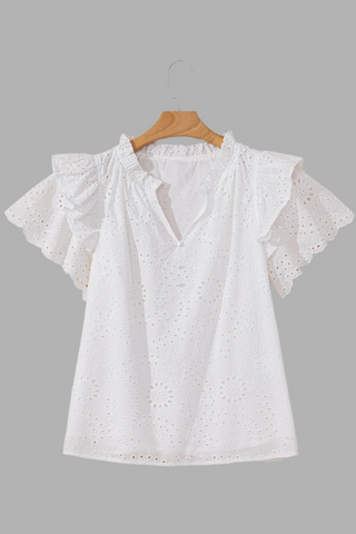 White Eyelet Flutter Sleeve V Neck Blouse