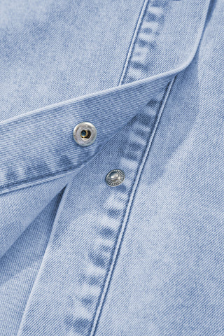 Beau Blue Double Ruffled Sleeves Buttoned A-line Collared Mini Denim Dress