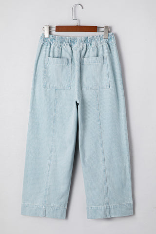 Sky Blue Striped Mid Rise Drawstring Waist Jeans