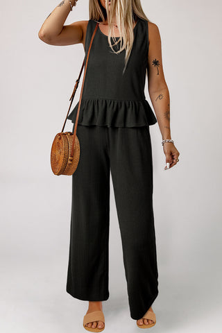 Black Solid Color Ribbed Ruffle Tank Top and Pants Set