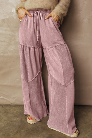 Straw Yellow Mineral Wash Tiered Wide Leg Patchwork Drawstring Pants