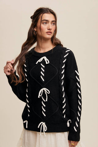 Sheer Trend - Ribbon Laced Cable Knit Sweater