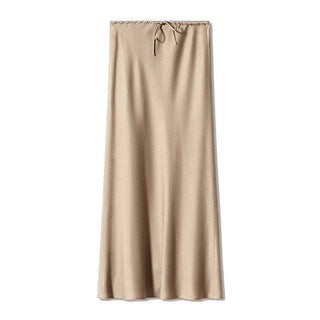 Sheer Trend - Solid Color High Waist Drawstring Belted Satin Maxi Skirt