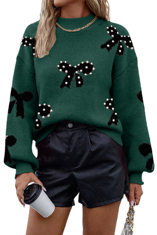 Blackish Green Pearl Embellished Bow Pattern Loose Sweater