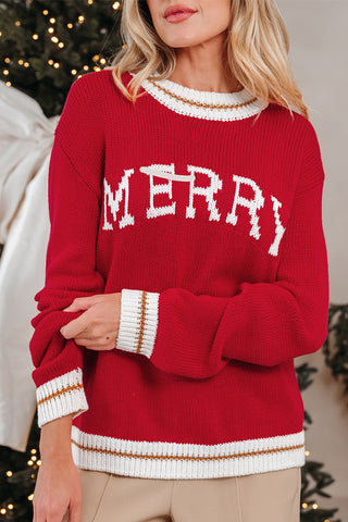 Fiery Red MERRY Color Block Edge Drop Shoulder Cozy Sweater