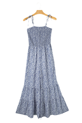 Dusk Blue Floral Print Spaghetti Straps Smocked Wide Leg Jumpsuit