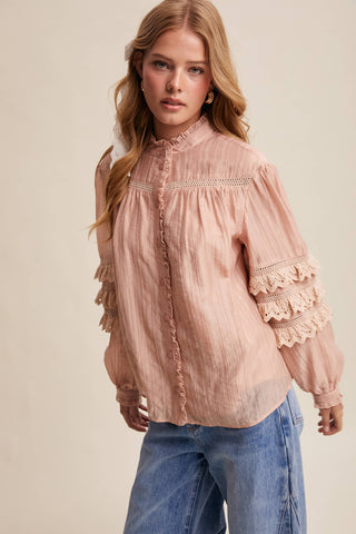 Listicle - Lace Ruffle Sleeve Pintuck Blouse LT1441