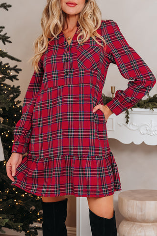 Red Plaid Shirt Collar Half Button Ruffle Hem Long Sleeve Mini Dress