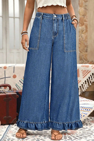 Sail Blue Plus Size Elastic Waist Ruffled Wide Leg Denim Pants