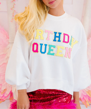 White BIRTHDAY QUEEN Graphic Balloon Sleeve Sweatshirt