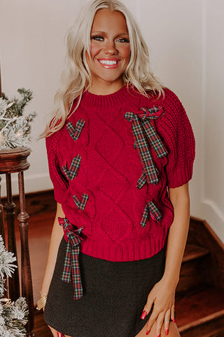 Black Plaid Lace-up Detail Christmas Holiday Puff Short Sleeve Sweater