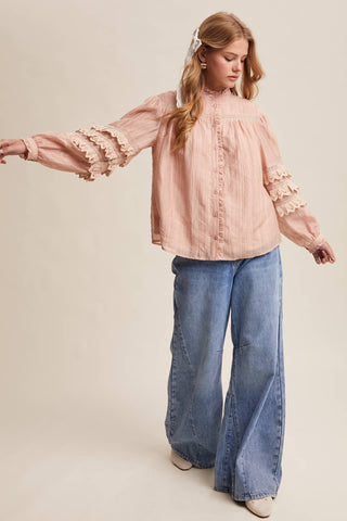 Listicle - Lace Ruffle Sleeve Pintuck Blouse LT1441
