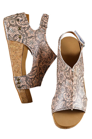 Brown Vintage Floral Leather Rivet Hollowed Platform Sandals