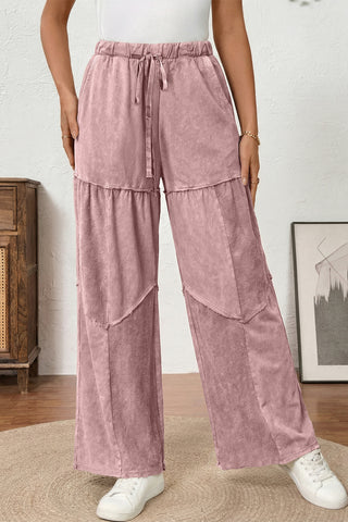 Straw Yellow Mineral Wash Tiered Wide Leg Patchwork Drawstring Pants