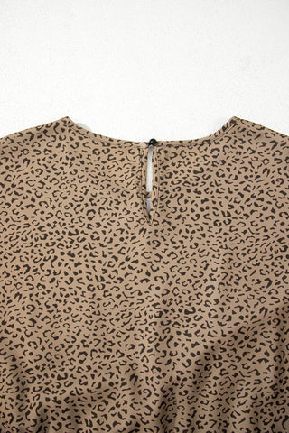 Brown Plus Size Leopard Print Frill Trim Short Sleeve Flared Dress