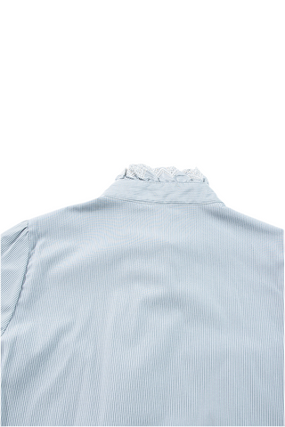 Sky Blue Stripe Frilled Trim Button Up Long Sleeve Shirt