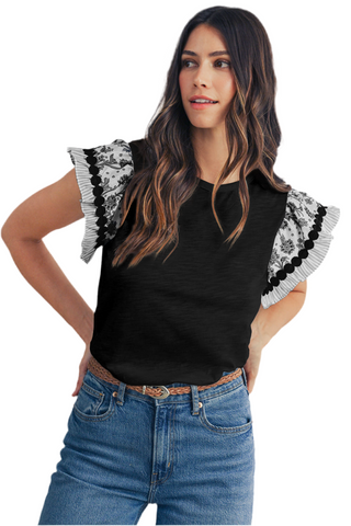 Blue Floral Striped Patchwork Flutter Sleeve Blouse