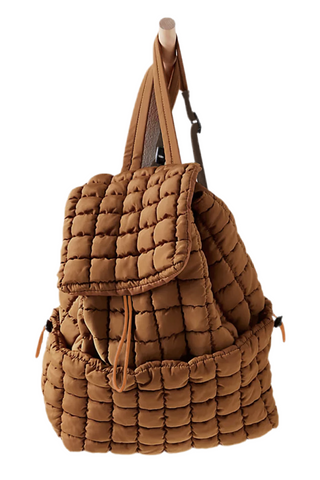 Coffee Solid Flapped Quilted Puffer Backpack