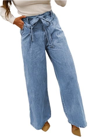Beau Blue Western Washed Bow Knot Sash Wide Leg Jeans