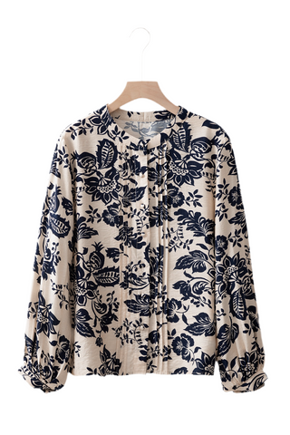 Black Boho Floral Pleated V Neck Lantern Sleeve Shirt