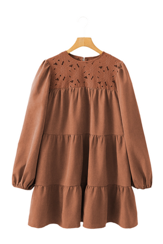 Chestnut Floral Lace Crochet Tiered Ruffled Mini Dress