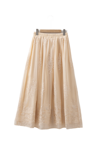 Oatmeal Embroidered Mesh Overlay Flowy Long Skirt