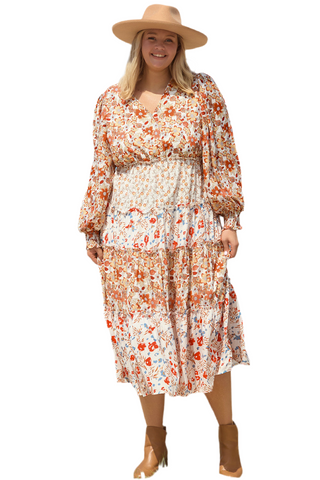 Khaki Floral Tiered Ruffle Maxi Dress ~ Plus Size