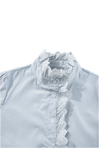 Sky Blue Stripe Frilled Trim Button Up Long Sleeve Shirt