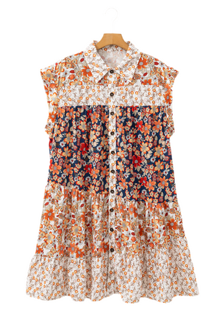 Beige Plus Size Floral Patchwork Button Front Collared Mini Dress