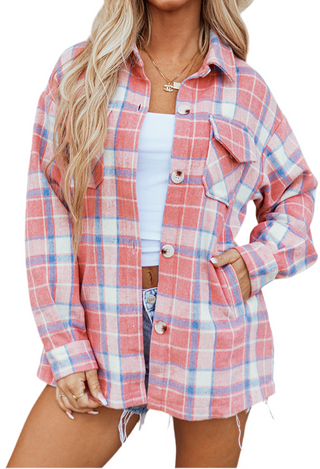 Pink Plaid Flap Pocket Button Up Shacket