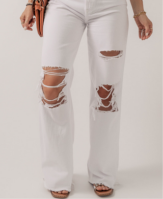 Bright White Heavy Distressed Straight Leg Jeans