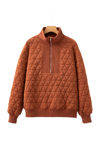 Straw Yellow Geometric Quilted Half Zipped Loose Sweatshirt