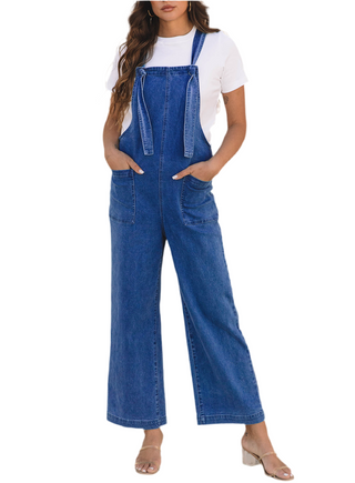 Prussian Blue Mineral Wash Knotted Strap Patched Pocket Wide Leg Denim Overall