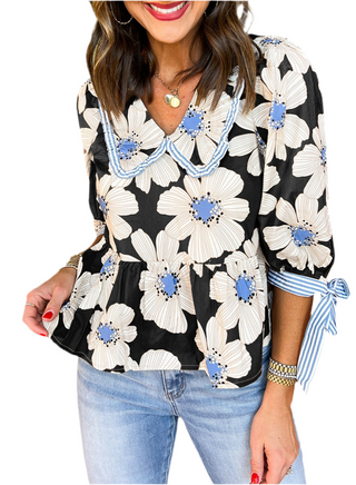 Brown Striped Floral Print Tie Sleeve Collared V Neck Blouse