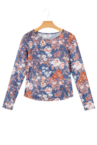 Orchid Petal Allover Floral Print Mesh Long Sleeve Top