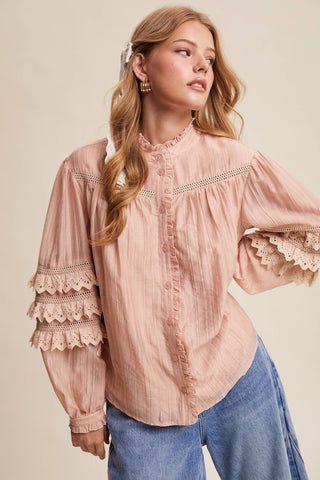 Listicle - Lace Ruffle Sleeve Pintuck Blouse LT1441