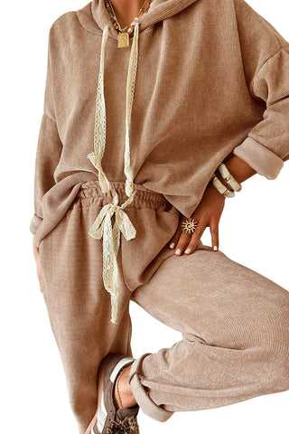 Parchment Drawstring Pullover Hoodie and High Waist Pants Corduroy Suit